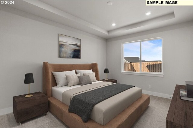 bedroom with carpet flooring and a raised ceiling