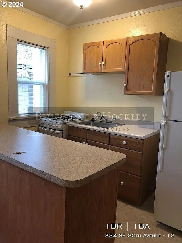 kitchen with kitchen peninsula, white fridge, stainless steel range oven, ornamental molding, and sink