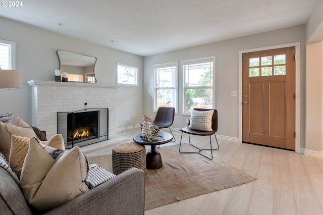 living room featuring a fireplace, plenty of natural light, and light wood-type flooring