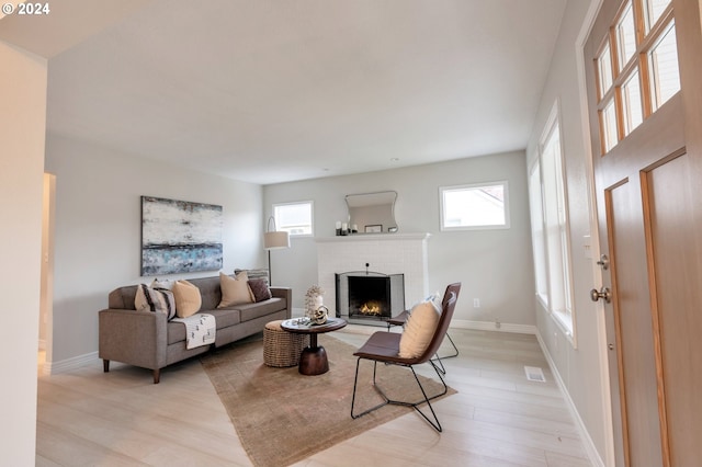 living room featuring light wood-type flooring and a fireplace