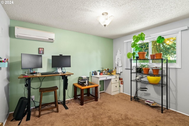 office featuring a textured ceiling, light carpet, and a wall mounted AC