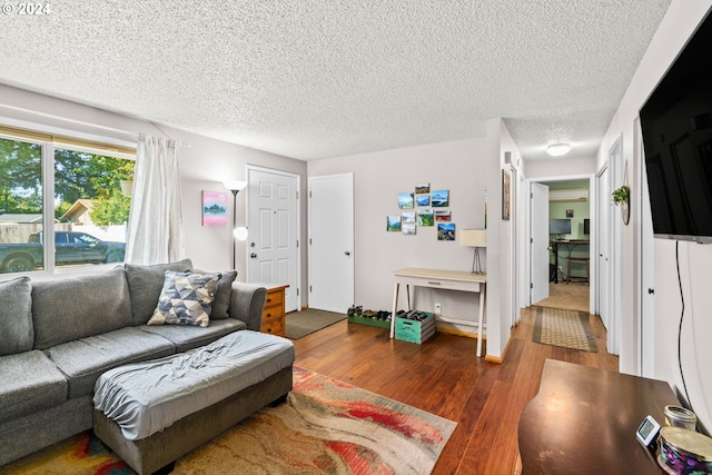 living room with a textured ceiling and dark hardwood / wood-style flooring