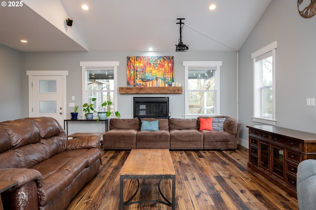 living room featuring lofted ceiling and dark hardwood / wood-style floors