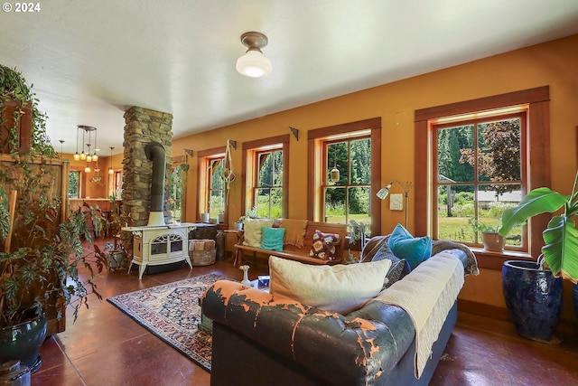 living room with a wood stove