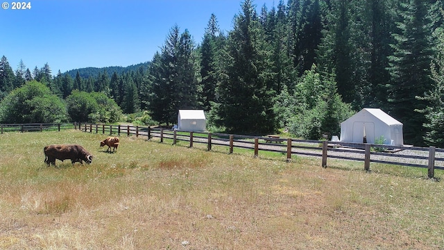 view of yard featuring an outbuilding, a storage unit, fence, a wooded view, and a rural view