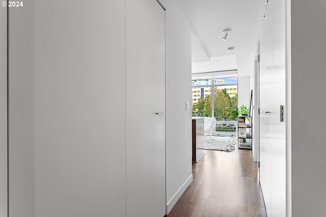 hall with dark wood-type flooring and floor to ceiling windows