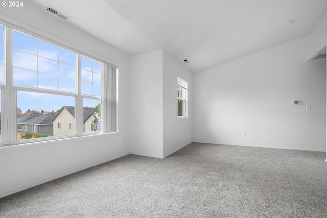 carpeted spare room featuring vaulted ceiling and a healthy amount of sunlight