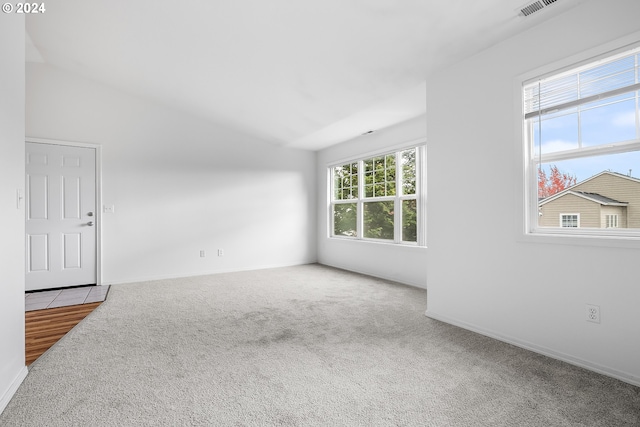 carpeted spare room with a wealth of natural light and lofted ceiling