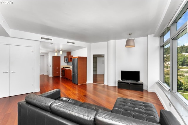 living room with dark wood-type flooring