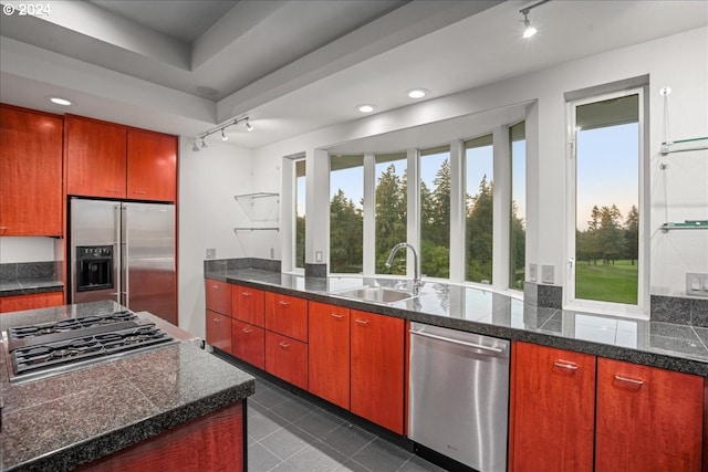 kitchen with sink, dark tile patterned floors, appliances with stainless steel finishes, and track lighting