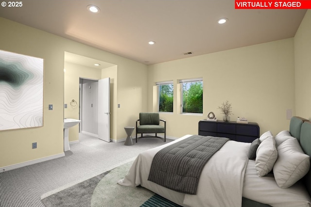 carpeted bedroom with recessed lighting, baseboards, and visible vents