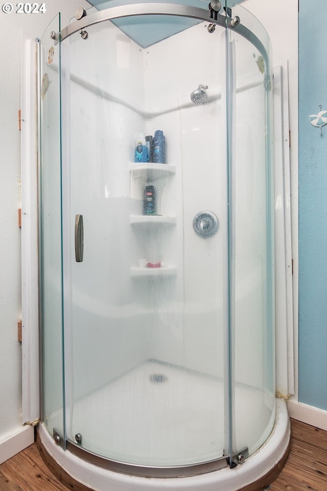 bathroom with hardwood / wood-style floors and walk in shower