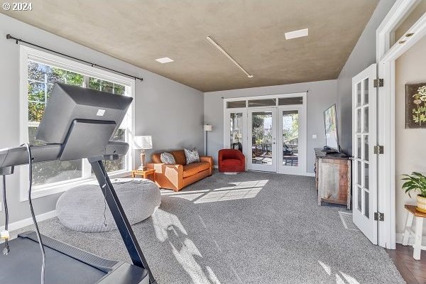 carpeted living room with lofted ceiling, a healthy amount of sunlight, and french doors