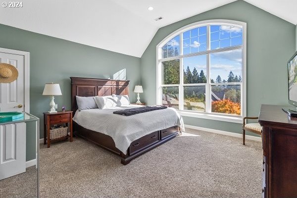 carpeted bedroom with vaulted ceiling