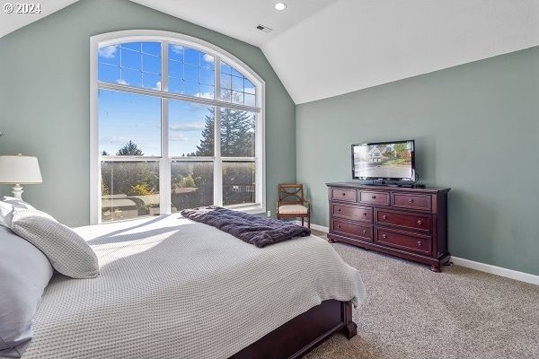 carpeted bedroom featuring vaulted ceiling