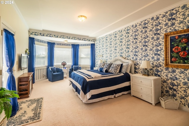 bedroom featuring carpet floors and ornamental molding