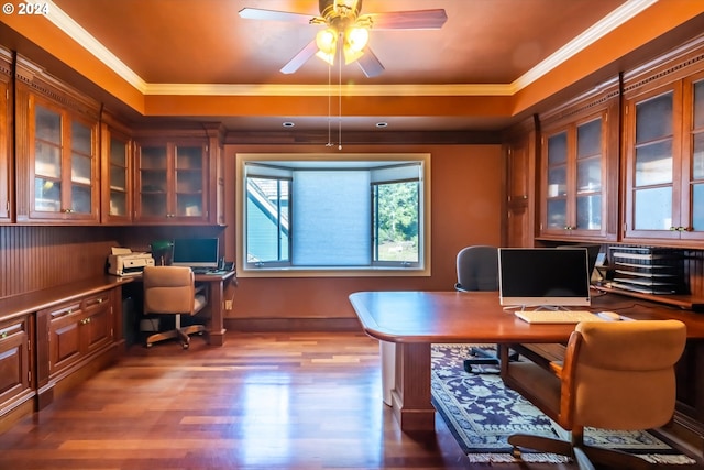 home office with hardwood / wood-style floors, ceiling fan, and crown molding