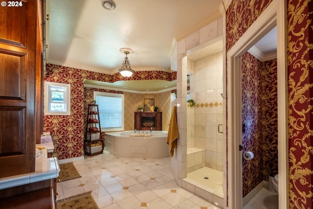 bathroom featuring toilet, tile patterned flooring, shower with separate bathtub, and ornamental molding