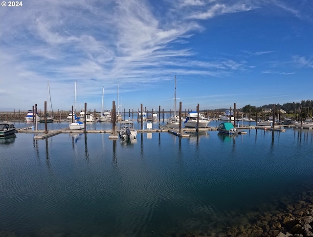 view of water feature with a boat dock