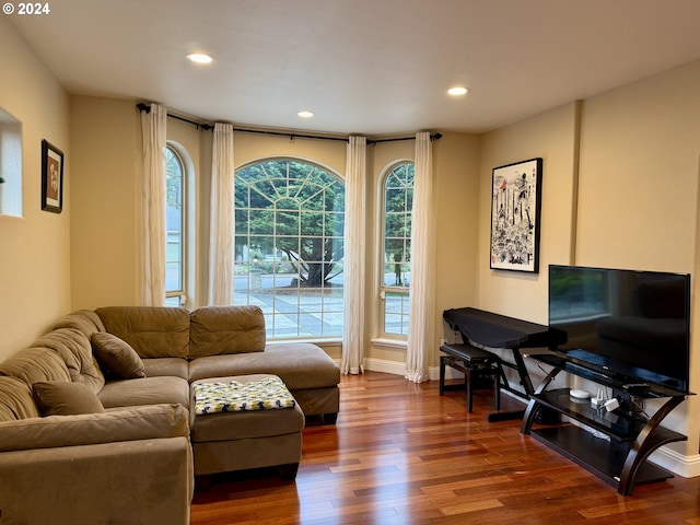 living room with dark hardwood / wood-style flooring