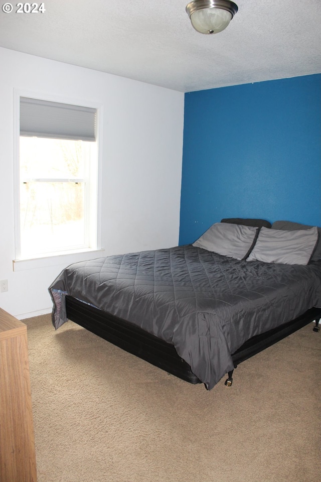 bedroom with carpet flooring and a textured ceiling