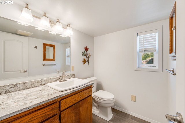 bathroom with vanity, hardwood / wood-style floors, and toilet