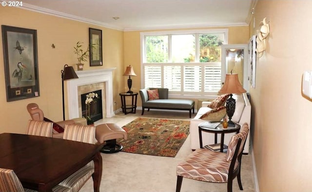 interior space with light carpet and ornamental molding