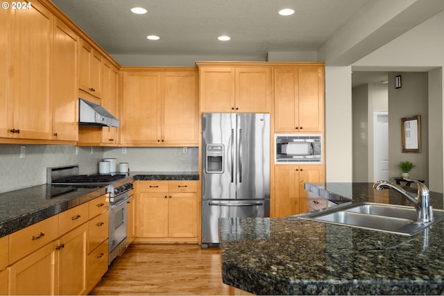 kitchen featuring light wood-type flooring, stainless steel appliances, sink, dark stone counters, and a textured ceiling