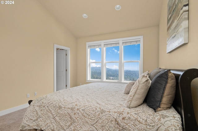 bedroom featuring lofted ceiling and carpet flooring