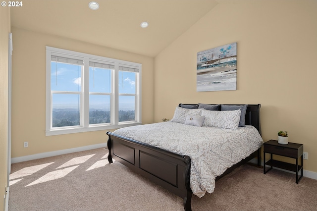 carpeted bedroom with multiple windows and vaulted ceiling