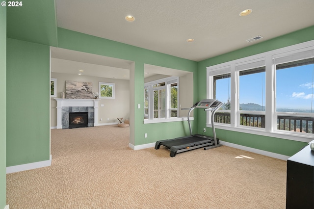 exercise area featuring carpet floors and a textured ceiling