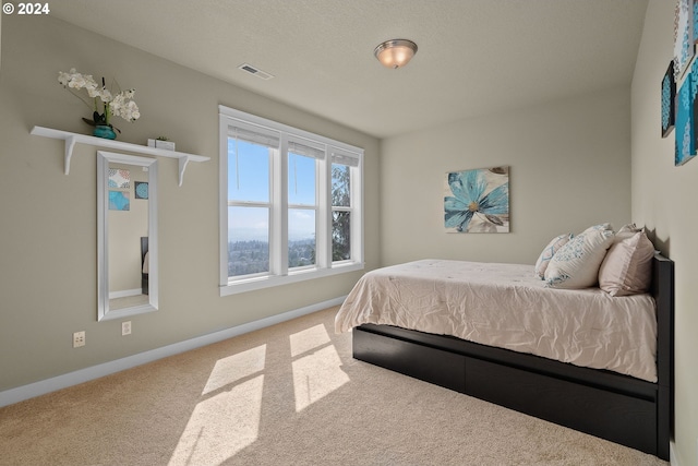 bedroom featuring light carpet and a textured ceiling