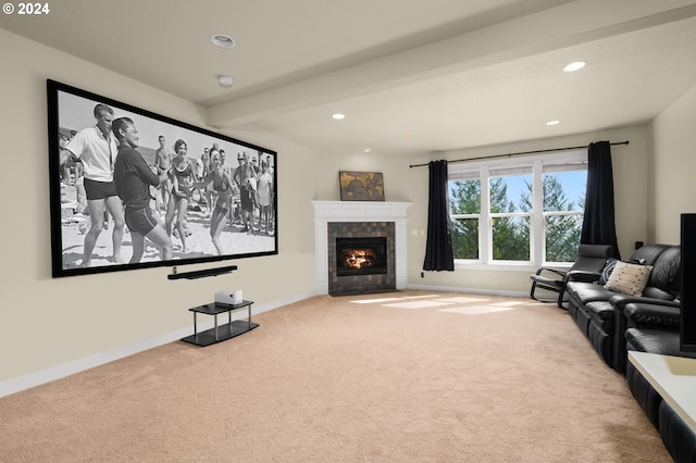 interior space with a fireplace and beamed ceiling