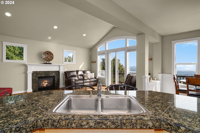 kitchen featuring lofted ceiling, hardwood / wood-style flooring, and sink