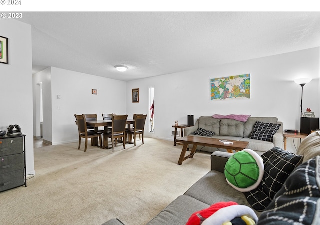 carpeted living room with a textured ceiling