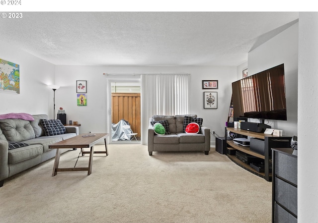 living room with a textured ceiling and light carpet