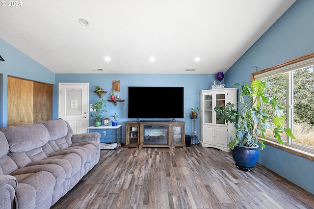 living room with hardwood / wood-style floors and vaulted ceiling