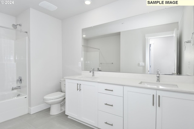 full bathroom featuring  shower combination, vanity, toilet, and tile patterned floors