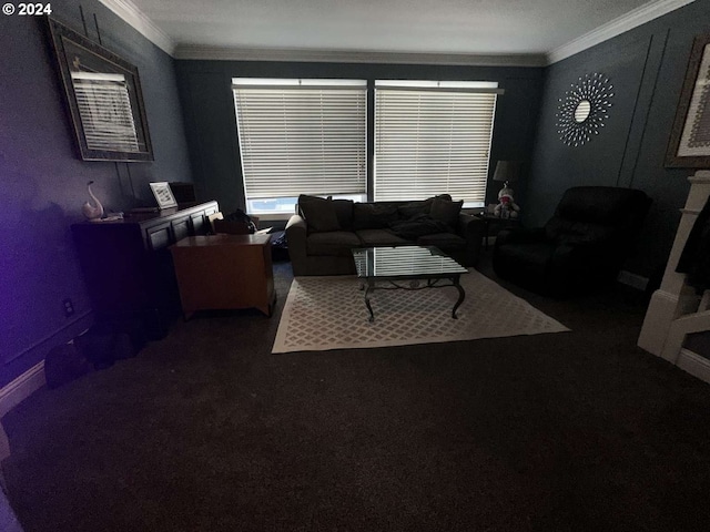 living room with crown molding and dark colored carpet