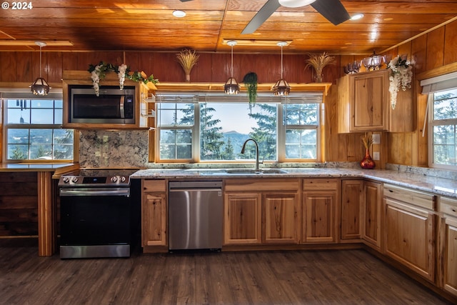 kitchen featuring stainless steel appliances, a sink, hanging light fixtures, and light stone counters