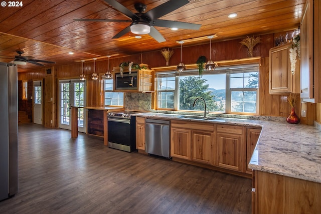 kitchen featuring hanging light fixtures, wooden ceiling, appliances with stainless steel finishes, and a sink