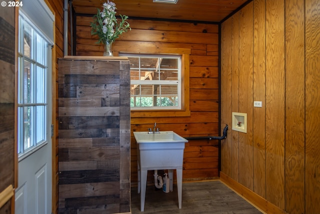 washroom featuring dark wood-style floors, hookup for a washing machine, wooden ceiling, wood walls, and laundry area