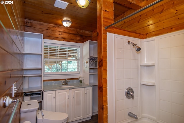 full bathroom featuring wooden ceiling, toilet, vanity, bathing tub / shower combination, and visible vents