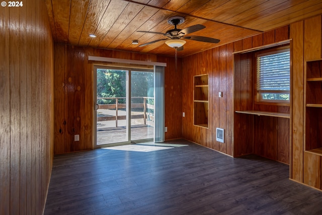 empty room featuring dark wood-style floors, wood ceiling, and wooden walls