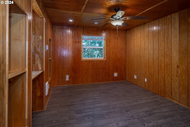 unfurnished room featuring wood walls, wood ceiling, ceiling fan, and dark wood-type flooring