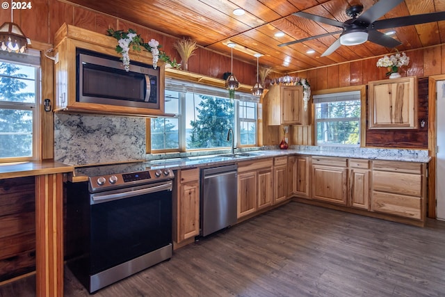 kitchen featuring wood ceiling, appliances with stainless steel finishes, dark wood-style flooring, decorative light fixtures, and a sink