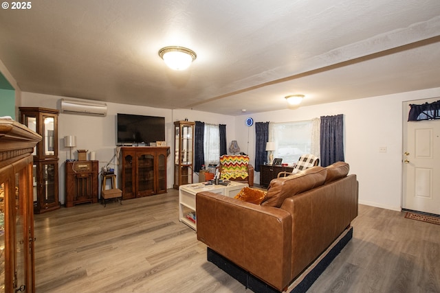 living room with hardwood / wood-style flooring and a wall mounted air conditioner