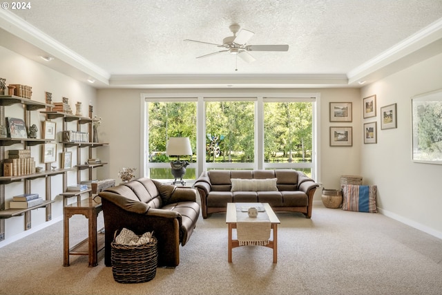 carpeted living room featuring a tray ceiling, ceiling fan, and a textured ceiling