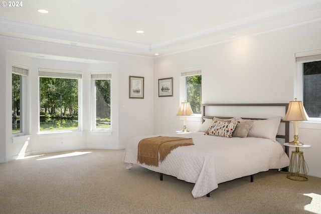 bedroom featuring carpet flooring and crown molding