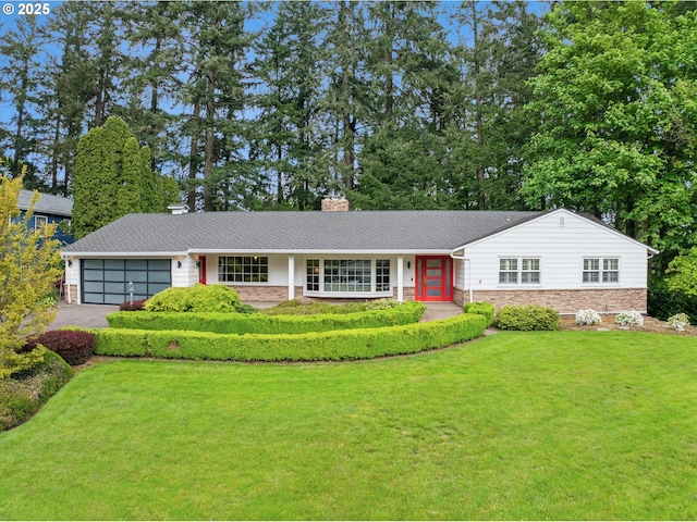 2585 Dellwood Dr, Lake Oswego, OR 97034 - ranch-style home featuring driveway, a chimney, a front yard, an attached garage, and stone siding